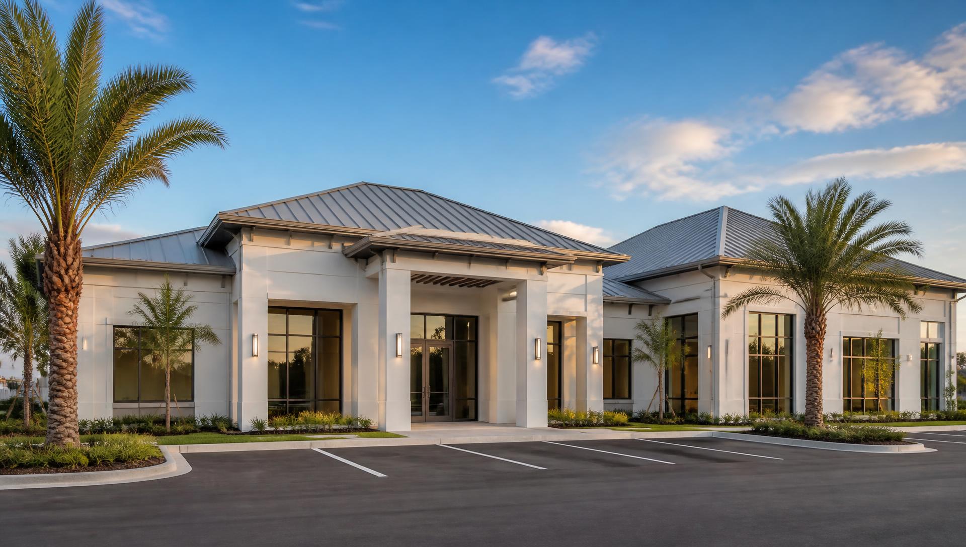 Modern completed commercial building with metal roof in Florida