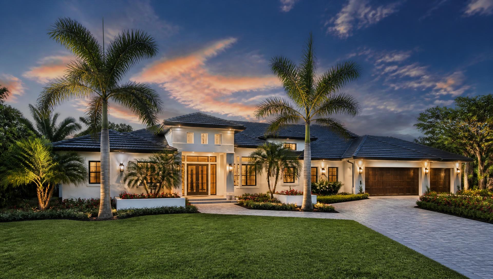Renovated Florida home exterior at dusk